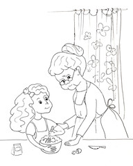 The girl with the grandmother is beaten with a handful of eggs in the kitchen. Linear illustration. Hand-drawn.