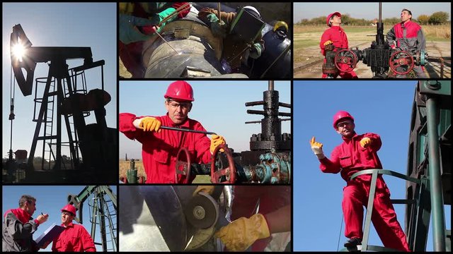 Oil industry workers in action at oil well, split screen 4K