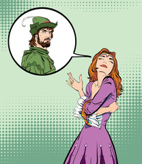 Lady in medieval dress. Girl laughs at a man. Laughing princess. Medieval legend. Medieval woman. Robin Hood.