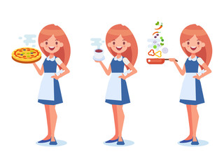 Female Waitress and cook flat vector set.