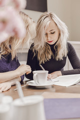 Two young women at meeting in conference room