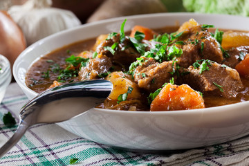 Irish stew made with beef, potatoes, carrots and herbs