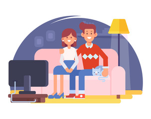 Happy couple  sitting on the couch at home. Cartoon style, Flat Vector illustration.