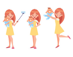Happy mother plays and makes selfie with her newborn baby. Vector illustration in a flat style.