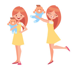 Happy mother playing  with her newborn baby. Vector illustration in a flat style.