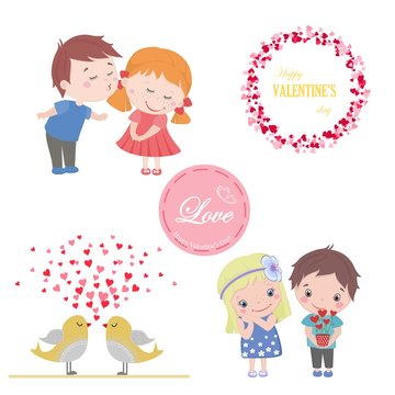 Valentine set of images for greeting card with cute cartoon isolated boy and girl, love birds