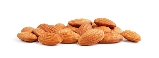 Heap of almonds isolated on white background.