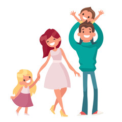 Mom and dad walking with kids. Happy family portrait isolated on white background.