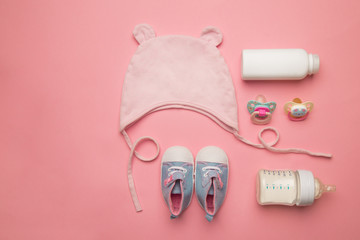 Baby clothes and accessories  for girl on pink  background. the 
