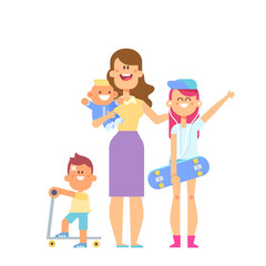 Happy mother with her three kids. Family together. Vector set of characters in a flat style good for animation. Boy with kick scooter. Teenage daughter is holding Skateboard.