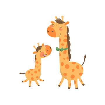 Cartoon animal family portrait. Father giraffe with green bow-tie and his funny baby. Happy parent and child. Flat vector design for postcard or book