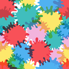 Seamless pattern of blue red yellow and green color splash blots transparent on white background. Color stain vector background