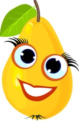 Funny yellow pear with face on white background