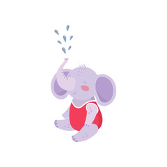 Cartoon baby elephant sitting and spraying water with his trunk. Cute humanized animal with big ears dressed in red swimming suit. Colorful flat vector design