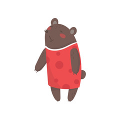 Smiling female bear dressed in human clothes. Cartoon character of wild forest animal with brown fur, little rounded ears and small tail. Colorful flat vector design