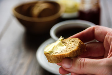 Breakfast with coffee, bread and butter