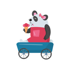 Baby girl panda sitting in toy wagon and eating ice-cream. Cute humanized animal. Cartoon bamboo bear in pink dress and bow on head. Colorful flat vector design