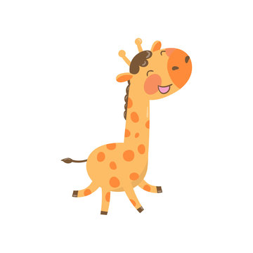 Joyful baby giraffe in playing action. Cartoon character of wild animal with long neck and spotted body. Colorful flat vector design for postcard or sticker