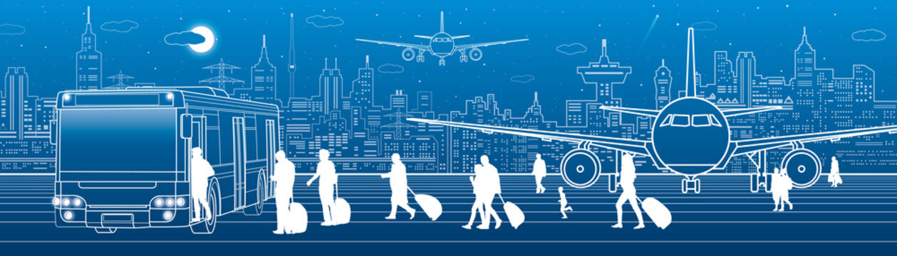 Airport panorama. Passengers go to the bus. Aviation travel transportation infrastructure. The plane is on the runway. Night city on background, vector design art