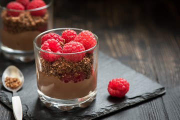Chocolate dessert with raspberries