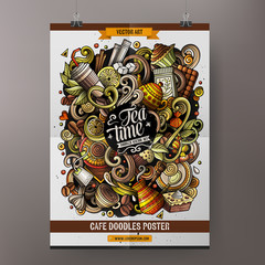 Cartoon vector hand drawn doodles Cafe poster template. Very detailed, with lots of objects illustration.