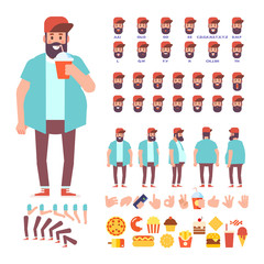 Front, side, back view animated character, separate parts of body. Fashionable bearded hipster constructor with various views, hairstyles, poses and gestures. Flat vector illustration.