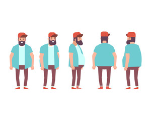 Young man for animation. Front, side, back, 3/4 view character. Separate parts of body. Cartoon style, flat vector illustration.