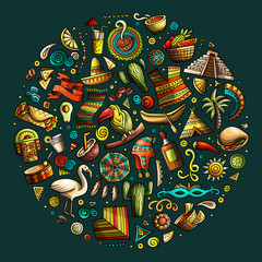 Colorful vector hand drawn doodle cartoon set of Latin American