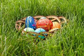 Fototapeta premium Easter eggs in wicker basket in spring green grass