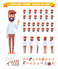 Front, side, back view animated character, separate parts of body. Fashionable bearded hipster constructor with various views, hairstyles, poses and gestures. Flat vector illustration.