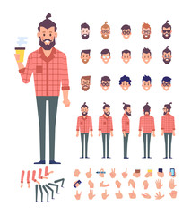  Front, side, back view animated character,separate parts of body. Fashionable Bearded hipster with coffee constructor with various views, hairstyles, poses and gestures. Flat vector illustration.