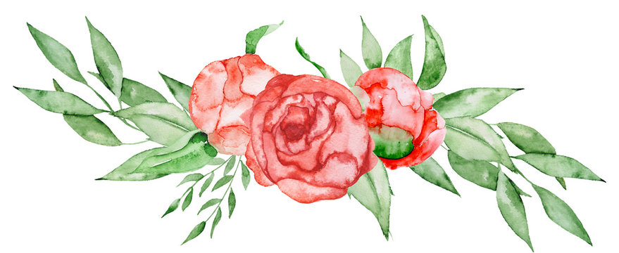 Peonies bouquet Hand painted watercolor combination of Flowers and Leaves