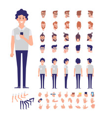 Fototapeta premium Front, side, back, 3/4 view animaes characters. Young guy creation set with various views, face emotions, lip sync,poses. Cartoon style, flat vector illustration.