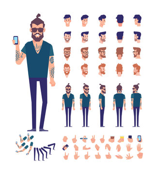 Front, side, back view animated character. Brutal Bearded hipster with tattoos on his arms constructor with various views, hairstyles, poses and gestures. Cartoon style, flat vector illustration.