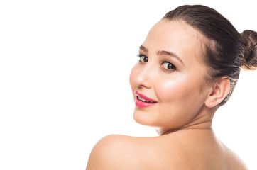 Obraz premium Smiling woman with clean skin on white isolated background. Spa, care, youth, spring.