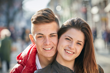 young couple lovers in spring with yellow teeth