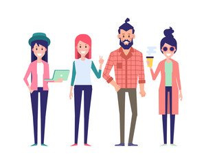 Group of hipster friends. Urban citizen characters. Flat vector illustration isolated on white background. Cartoon style. 716106835  