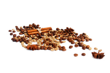 Coffee beans, star anice, cinnamon on a white bacground. Isolat