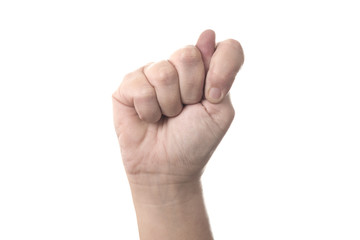Thumb of right hand between index and middle finger - human hand gesture isolated on white background with copyspace