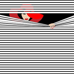 A glamorous woman peeks out from behind a pattern of horizontal stripes in a minimalist fashion and beauty illustration.