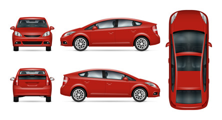 Red car vector mock-up. Isolated template of car on white background. Vehicle branding mockup. Side, front, back, top view. All elements in the groups on separate layers. Easy to edit and recolor.