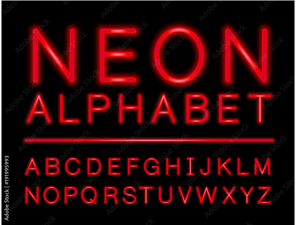 Fototapete red neon alphabet with complete letters set with led effect
