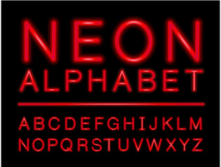 Red neon alphabet with complete letters set with LED effect