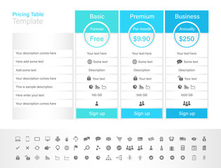 Pricing table with 3 plans and place for description. Blue header colour scheme.