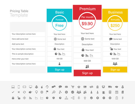 Pricing table with 3 plans and one recommended. Blue, red and yellow header