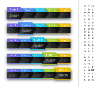 Five steps progress bar in rainbow colour header. Suitable for moving infographic.