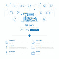Bad habits concept: man swearing and smoking with thin line icons: abuse, alcoholism, marijuana, drugs, fast food, poker, promiscuity, tv, video games. Modern vector iilustration, web page template.