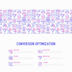 Fototapeta na wymiar Conversion optimization concept with thin line icons: marketing, customer management, SEO technology, website promotion, visitors, sales funnel, web traffic. Modern vector illustration.