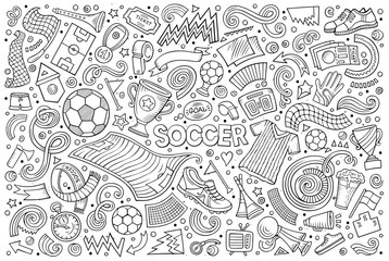 Fototapeta premium Vector doodles cartoon set of football objects