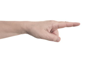 Left hand index finger pointing to the right - human hand gesture isolated on white background with copyspace